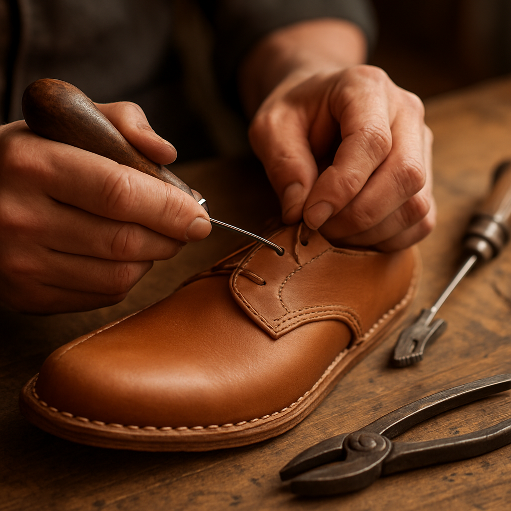 Artisan hands crafting leather