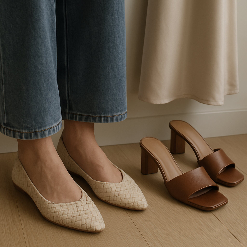 Detail of elegant footwear on wood floor